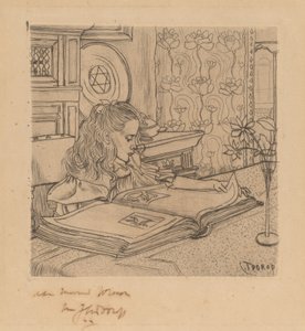 Charley olhando para um álbum de gravuras de Jan Toorop