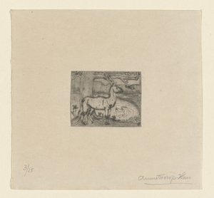Veado perto de uma árvore na frente de uma lagoa Cervo perto de uma árvore (título original) de Jan Toorop