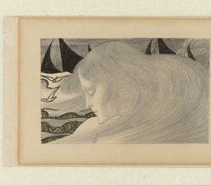 Jovem mulher de cabelo ondulado em frente ao mar com navios de Jan Toorop