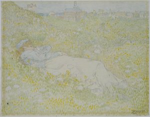 Mulher deitada nas Dunas perto de Noordwijk
Rapariga deitada na relva com a silhueta de Noordwijk no fundo de Jan Toorop