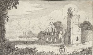 Paisagem com uma igreja em ruínas e dois pastores em conversa de Jan Van de Velde