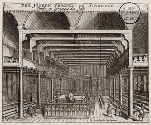 Interior da Sinagoga Portuguesa em Amesterdão - Veenhuysen, Jan (activo 1656-1685) - Gravura em cobre - 11,2x13,7 - Biblioteca da Universidade de Leiden de Jan Veenhuysen