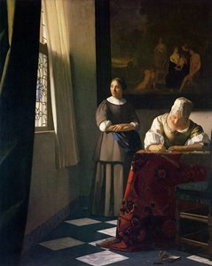 Senhora escrever uma carta com sua empregada doméstica de Jan Vermeer van Delft