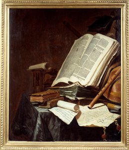 Pintura de Livros e Instrumentos Musicais por Jan Vermeulen (1638-1674) Sol do século XVII. 0,78x0,69 m Nantes, musee des Beaux Arts de Jan Vermeulen