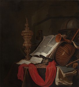Natureza morta com instrumentos musicais e livros Vanitas de Jan Vermeulen