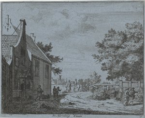 Vista da pousada Emaus O Harreberg Emaus (título no objeto) Paisagens da área de Haarlem (título da série) Gesigten fora de Haarlem, feito por. J.V.V. (título da série no objeto)