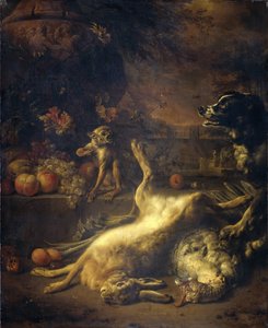 Um Macaco e um Cão com Caça Morta e Fruta de Jan Baptist Weenix