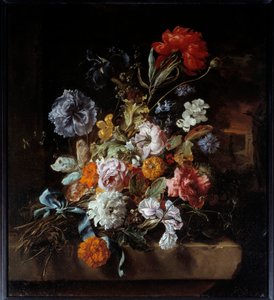 Bouquet de flores depositado num banco de pedra Pintura por Jan Weenix (1640-1719) 1694 Sol. 0,74x0,67 m Lyon, Musee des Beaux Arts de Jan Baptist Weenix