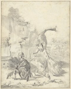 Hoenderhof com um pavão e dois perus de Jan Baptist Weenix
