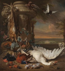 Caça e Fruta Natureza Morta ao lado de um vaso de jardim, com um macaco, cão e duas pombas, à distância Rijksdorp perto de Wassenaar, Sede de Jacob Emmery, Barão de Wassenaar de Jan Baptist Weenix