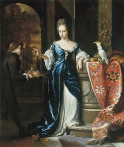 Retrato de Lodewina Schey em um vestido azul, com um atendente carregando flores