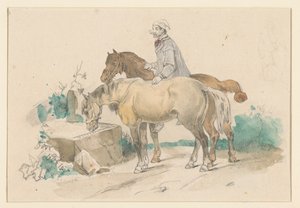 Agricultor com dois cavalos perto de um bebedouro de água de Jan Weissenbruch