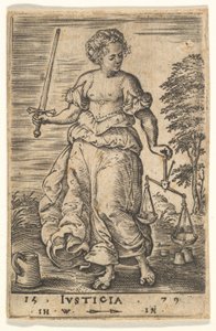 Justiça, uma figura alegórica segurando uma balança na mão esquerda e uma espada na direita..., 1579.