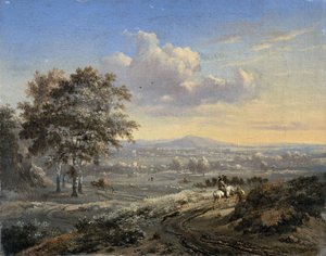 Paisagem montanhosa com um cavaleiro em uma estrada rural de Jan Wijnants