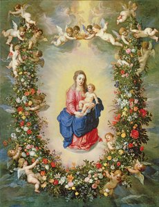A Virgem e o Menino rodeados por uma guirlanda de flores erguida por querubins, c.1624 (óleo sobre cobre)