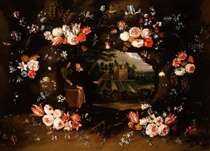 Guirlanda de flores circundando um medalhão Representando Nicolas de Man na frente de sua propriedade em Antuérpia, 1653