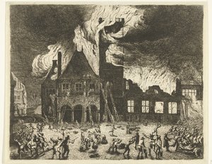 O Incêndio na Antiga Prefeitura de Amsterdã, 1652 Representação dos antigos Stadthuys queimados em Amsterdã em 7 de julho de 1652