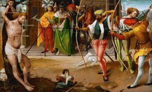 O Martírio de São Sebastião - Jan De Beer (ca. 1475-1528). Óleo sobre madeira, c. 1510. Dimensão : 25,5x41,5 cm. Museu de História de Arte, Vienne