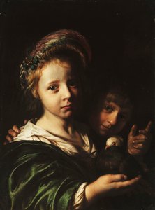 Uma menina segurando um pombo e um menino gesticulando, 1652