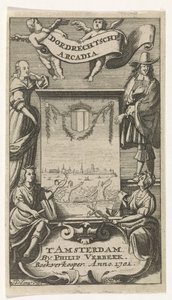 Quatro figuras à volta da moldura com vista de Dordrecht
Página de título para: Dordrecht Arcadia, 1701 de Jan de Jonge