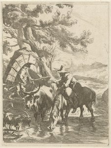 Pastor e menino embalado por um riacho Paisagens com animais (título da série) Diversa Animalia (título da série no objeto) de Jan de Visscher