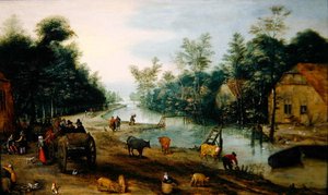 A Wooded River Landscape in Summer with Travellers Arriving at an Inn (óleo sobre painel) de Jan the Elder (circle of) Brueghel