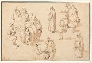 Uma fonte no Spa com estudos de figuras elegantes tomando as águas e de dois monges e um padre de Jan the Elder Brueghel