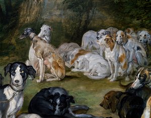 Cães, detalhe de Diana e Ninfas no ponto de partida de Jan the Elder Brueghel