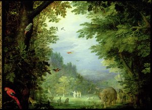Terra ou o paraíso terrestre, detalhe de Adão e Eva com Deus e outros animais, 1607-08 óleo sobre detalhe de cobre de 93899