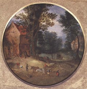 Paisagem flamenga com carrinhos e figuras (tondo, painel) de Jan the Elder Brueghel