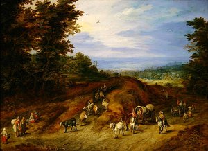 Paisagem com camponeses, carros e animais (óleo em cobre) de Jan the Elder Brueghel
