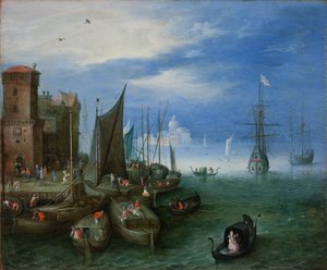 Cena do Porto em Veneza (óleo em cobre) de Jan the Elder Brueghel