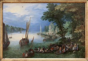 Cena do rio ou a barca, Pintura a óleo sobre cobre de Jan Brueghel, dit Brueghel de Velours (1568-1625), cerca de 1605. Dim.: 24 x 36 cm. Fotografia, KIM Youngtae, Nantes, Musee des Beaux Arts de Nantes. de Jan the Elder Brueghel