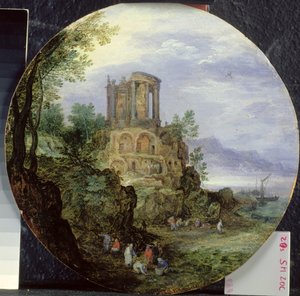 Paisagem da costa sul com o templo de Vesta em Tivoli, 1595 de Jan the Elder Brueghel