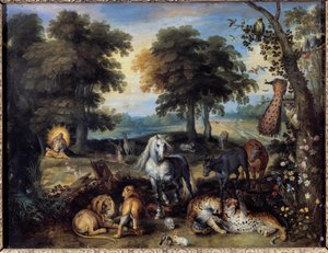 O Paraíso Terrestre Diferentes animais coabitando no Jardim do Éden, no fundo à esquerda, Deus cria Eva a partir de um lado de Adão. Pintura de Jan Bruegel (ou Breugel ou Brueghel ou Breughel) o primeiro conhecido como Bruegel de Velours (1568-1625) 17º cê de Jan the Elder Brueghel