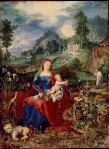 A Sagrada Família com animais virgens folheando um livro, e segurando o menino Jesus, rodeado por um cão, raposa, pássaros, caranguejo, coruja, papagaio; rã, caracol e íris. Pintura de Jan Breugel o Ancião chama Bruegel de Velours (Brueghel ou Breughel de Jan the Elder Brueghel