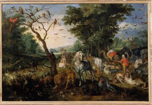 O embarque de animais na Arca de Noé Pintura de Jan Bruegel (ou Breugel ou Brueghel ou Breughel) o primeiro conhecido como Bruegel de Velours (1568-1625) Século XVII Orleans, Musee des Beaux Arts - A entrada dos animais na Arca de Noé. Pintura de Jan de Jan the Elder Brueghel