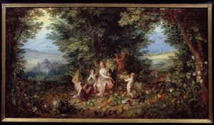 Os quatro elementos: "A Terra" Alegoria. Vista do Paraíso Terrestre. Pintura de Jan Breugel Le Vieux chama Bruegel de Velours (Brueghel ou Breughel de Jan the Elder Brueghel