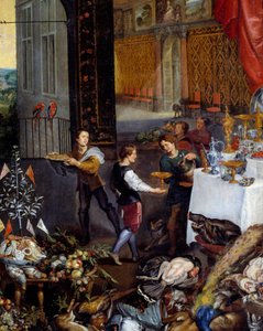 O gosto. Detalhe representando os criados trazendo os pratos de caça, aves em um banquete. Pintura de Jan Breugel Le Vieux chamada Bruegel de Velours de Jan the Elder Brueghel