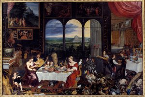 O gosto, a audição e o toque. A alegoria dos cinco sentidos A refeição de uma família rica: aves e frutos do mar (incluindo ostras) compõem o menu do banquete. Pintura de Jan I Brueghel Dit De Velours (1568-1625) Ec. Flam de Jan the Elder Brueghel