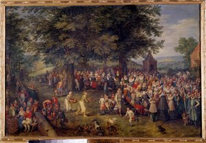 Banquete de casamento Jantar de casamento em uma vila. Pintura de Jan Bruegel (ou Breugel ou Brueghel ou Breughel) o primeiro conhecido como Bruegel de Velours (1568-1625) Século XVII Madrid, Musee du Prado de Jan the Elder Brueghel