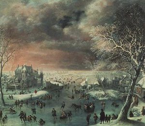 Uma paisagem de inverno com figuras sobre o gelo