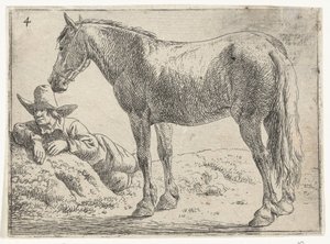 Cavalo em pé com cavaleiro em repouso Paisagens com cavalos (título da série)
