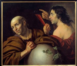 Heraclite e Demócrito Os filósofos gregos Heraclite de Éfeso (Heraclito) (535-475 AC) e Demócrito (Demócrito) (460-370 AC). Pintura de Jan van Bijlert (1597-1671) Século XVII Utrecht. Museu Central