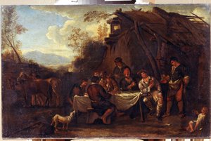 O Encontro Alegre (Feliz Encontro). Pintura de Jan Miel (1599-1664). Arte em estilo barroco flamengo. Óleo sobre tela. Museu de Arte Regional I. Kramskoi, Voronezh (Voronezh, Rússia).