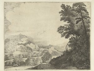 Paisagem com ovelhas em colinas e árvores
Paisagens (título da série) de Jan van Brosterhuyzen