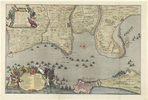 Mapa do desembarque e expedição dos Aliados em Cádis, 1702
Placa do Dissante ou Landing em Espanhol ao largo de Cadixen com os Campings e Marselha pelo Duque de Ormont e o Major-General e Barão de Spar fez Ceedert den 26 de Agosto a de Jan van Call (I)