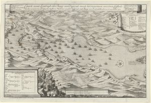 Batalha naval na Baía de Vigo e a captura da frota prateada espanhola, 1702
Mapa dos desembarques na baía de Vigos e a captura de dois castelos e a captura da frota de prata espanhola ancorada na baía em frente ao Redondella den de Jan van Call (I)