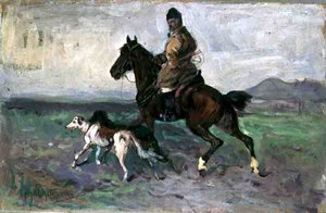 Cavaleiro com Greyhounds, c.1890 (óleo a bordo)
