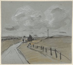 Vista ao longo de uma estrada com margens altas e cercas de Jan van Essen